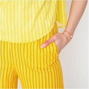 La Detresse Yellow Striped Viscose/Linen Wide Leg Cropped Pants Sz M Pockets